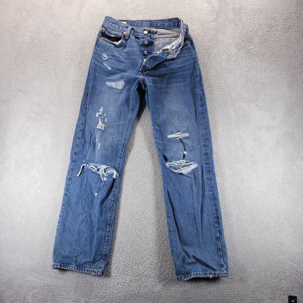 Levis 501 Jeans Womens 26 Blue High Rise Straight Distressed Button Fly Denim